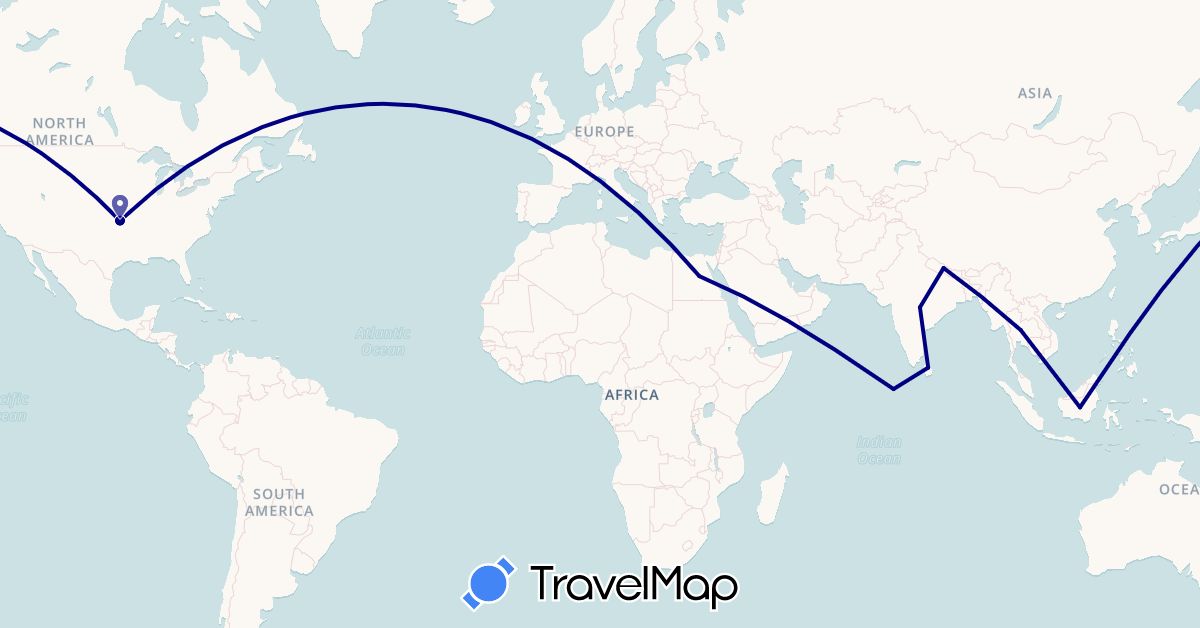 TravelMap itinerary: driving, plane in Egypt, Indonesia, India, Sri Lanka, Maldives, Nepal, Thailand, United States (Africa, Asia, North America)